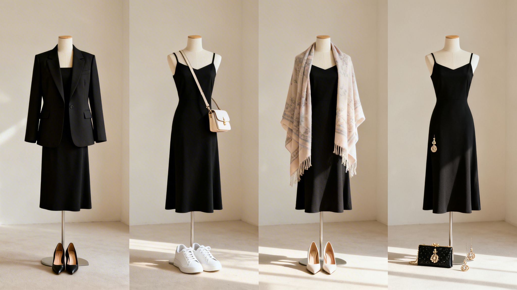 Four mannequins showcase the versatility of a black midi dress, styled for business, casual, and formal occasions.