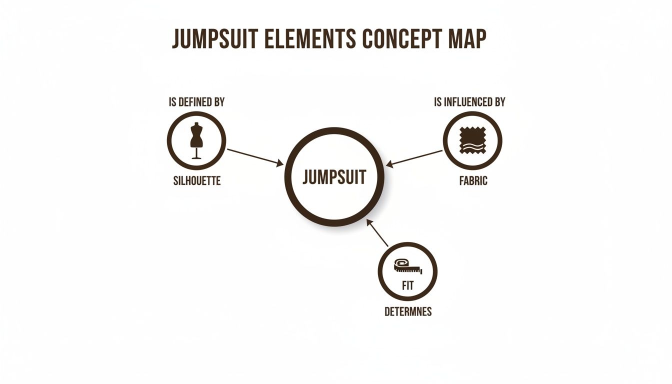 A concept map illustrates jumpsuit elements, showing it is defined by silhouette, influenced by fabric, and determined by fit.