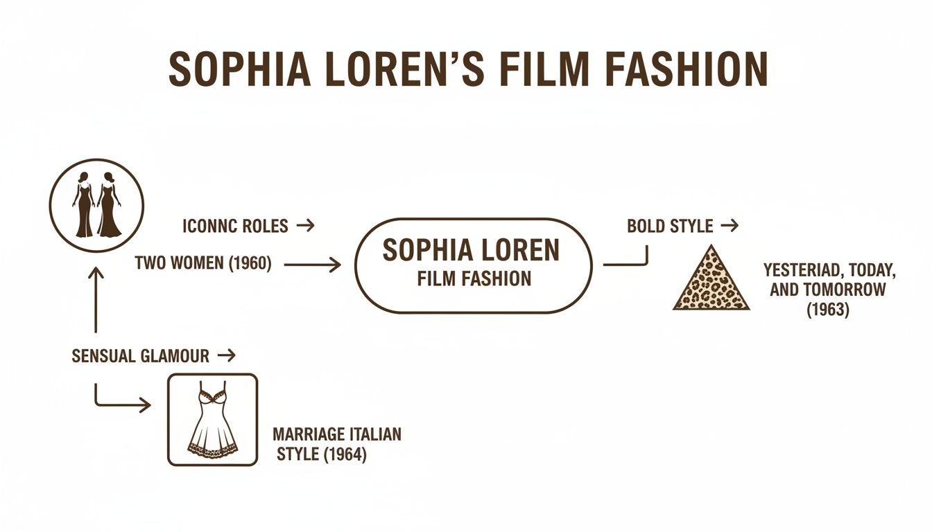 Diagram illustrating Sophia Loren's film fashion evolution, showcasing iconic roles and bold styles.