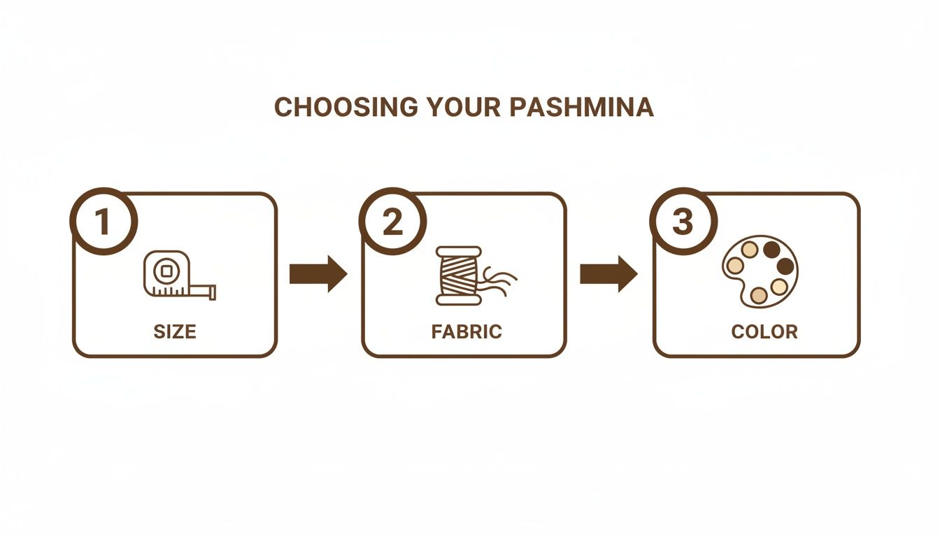 A three-step infographic outlining how to choose a pashmina: size, fabric, and color.