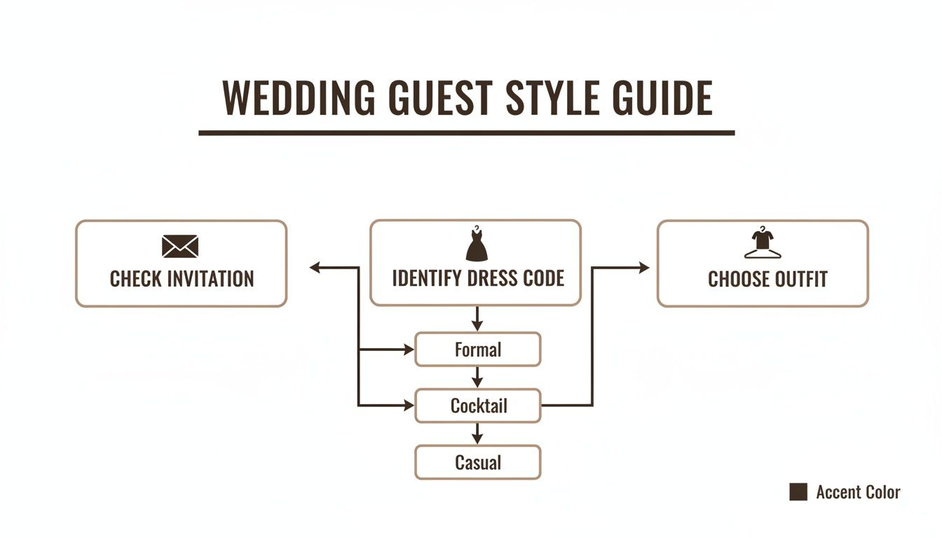 A flowchart wedding guest style guide showing steps to check invitation, identify dress code, and choose outfit.