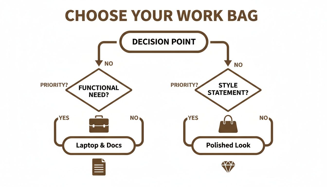 A flowchart on how to Choose Your Work Bag guiding the selection based on functional need or style statement.