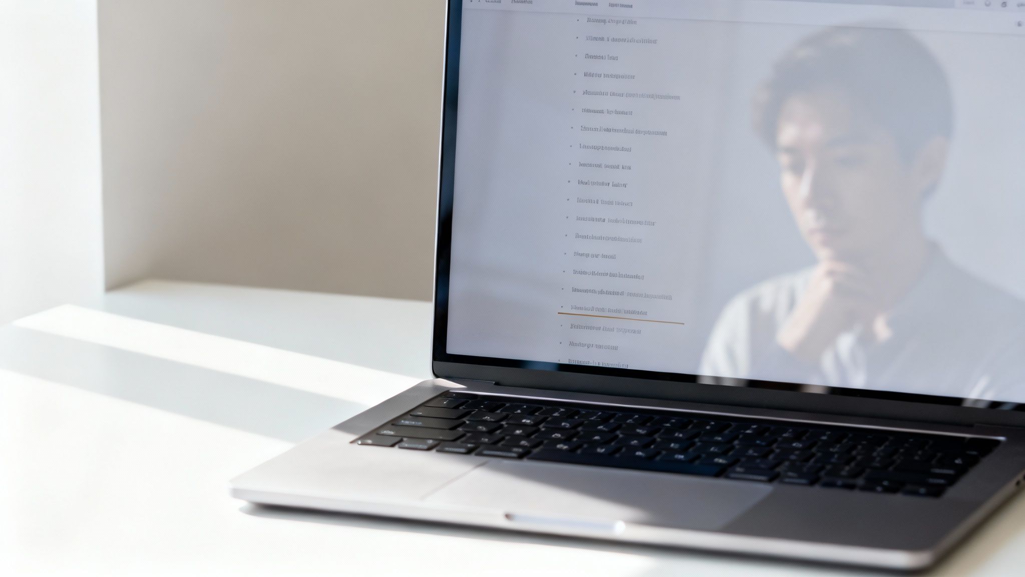 A silver laptop on a clean white desk, illuminated by sunlight and reflecting a man's face.