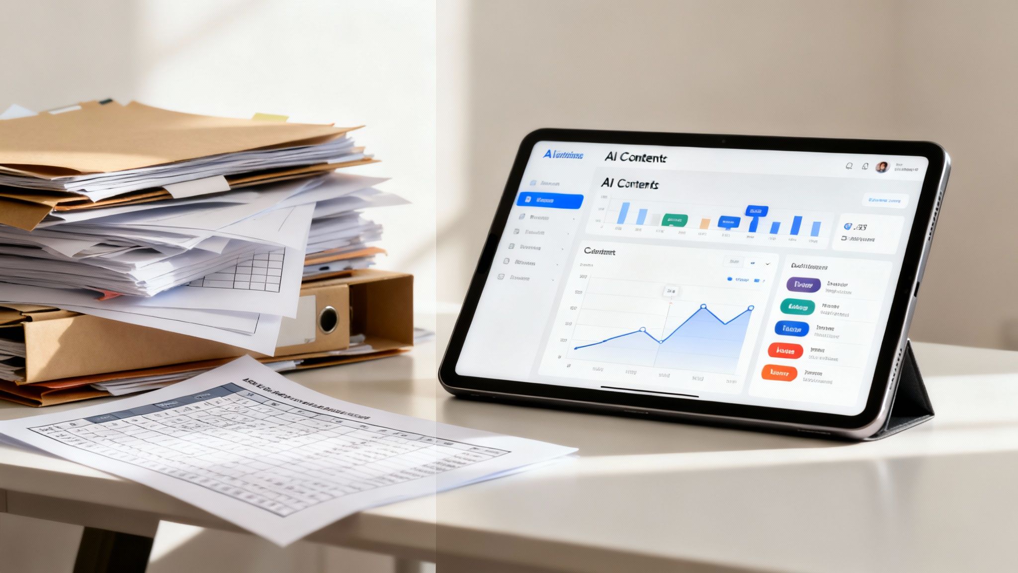 A desk with a stack of documents, folders, and a tablet showing a content marketing dashboard.