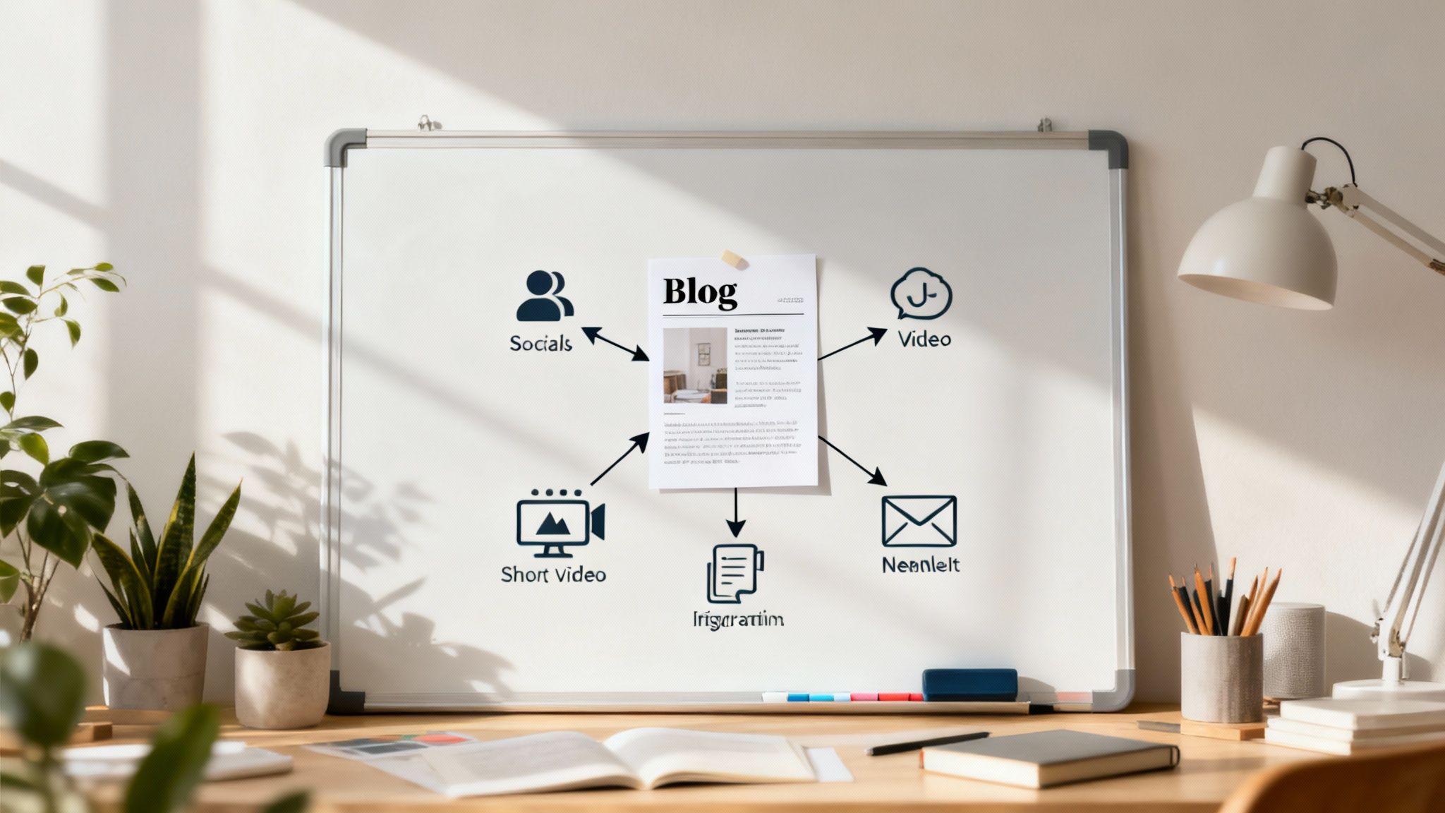 Content marketing strategy whiteboard showing blog at center with arrows to social media, video, newsletter, and inspiration