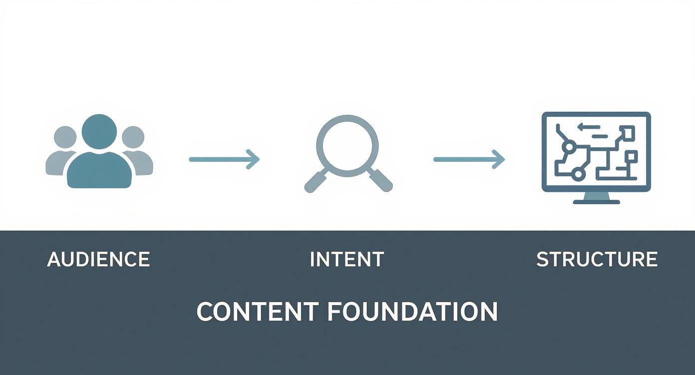 Content foundation diagram showing audience research, intent analysis, and structure planning workflow for SEO optimization