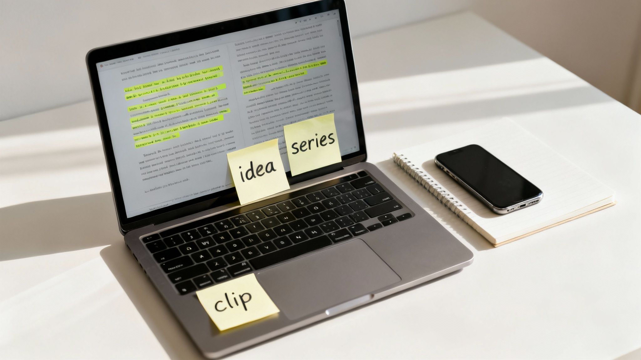 Laptop with sticky notes 'idea', 'series', 'clip' on screen, alongside a phone and notebook.