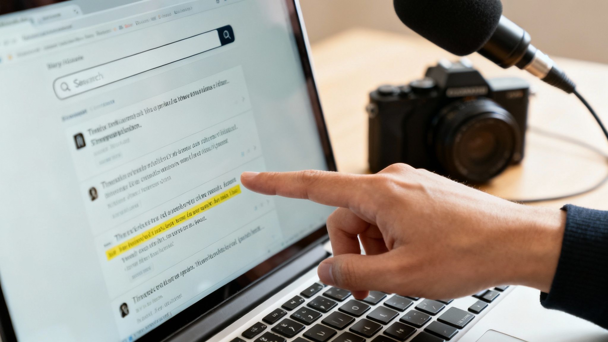 A hand points at a laptop screen showing a search interface with highlighted text, beside a camera and microphone.