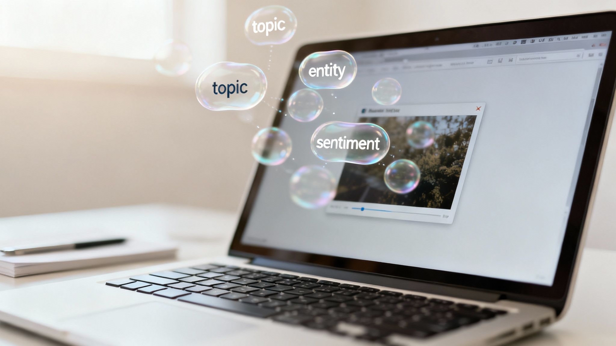 A laptop displaying data analysis concepts like topic, entity, and sentiment in bubbles.