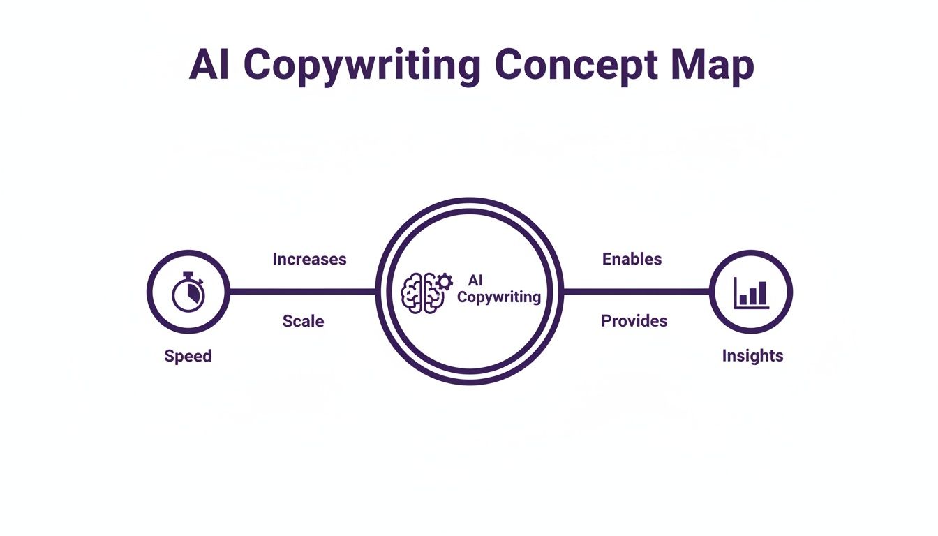AI Copywriting concept map showing it increases speed and scale, and provides insights.