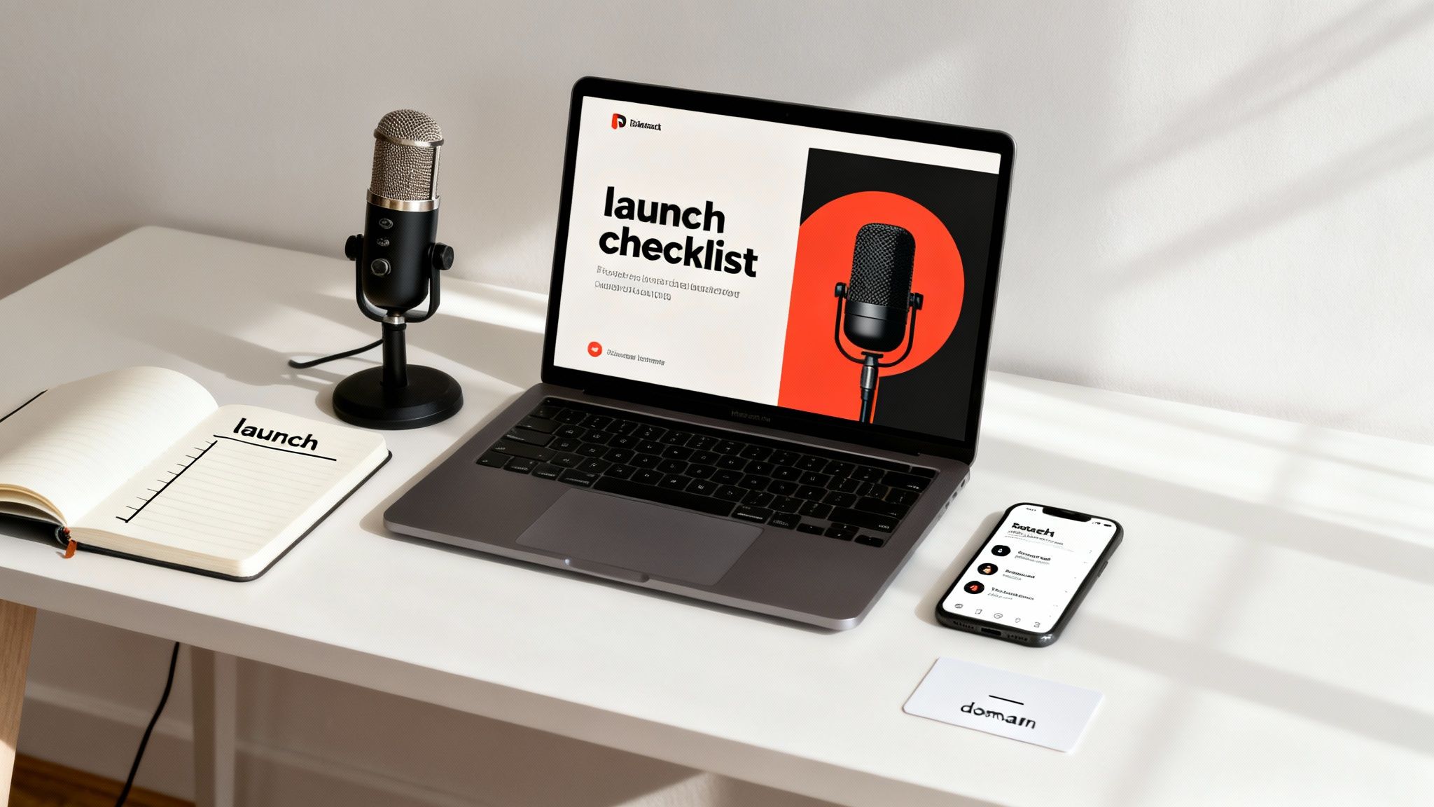 A clean workspace featuring a laptop displaying a podcast launch checklist, a microphone, notebook, and smartphone.