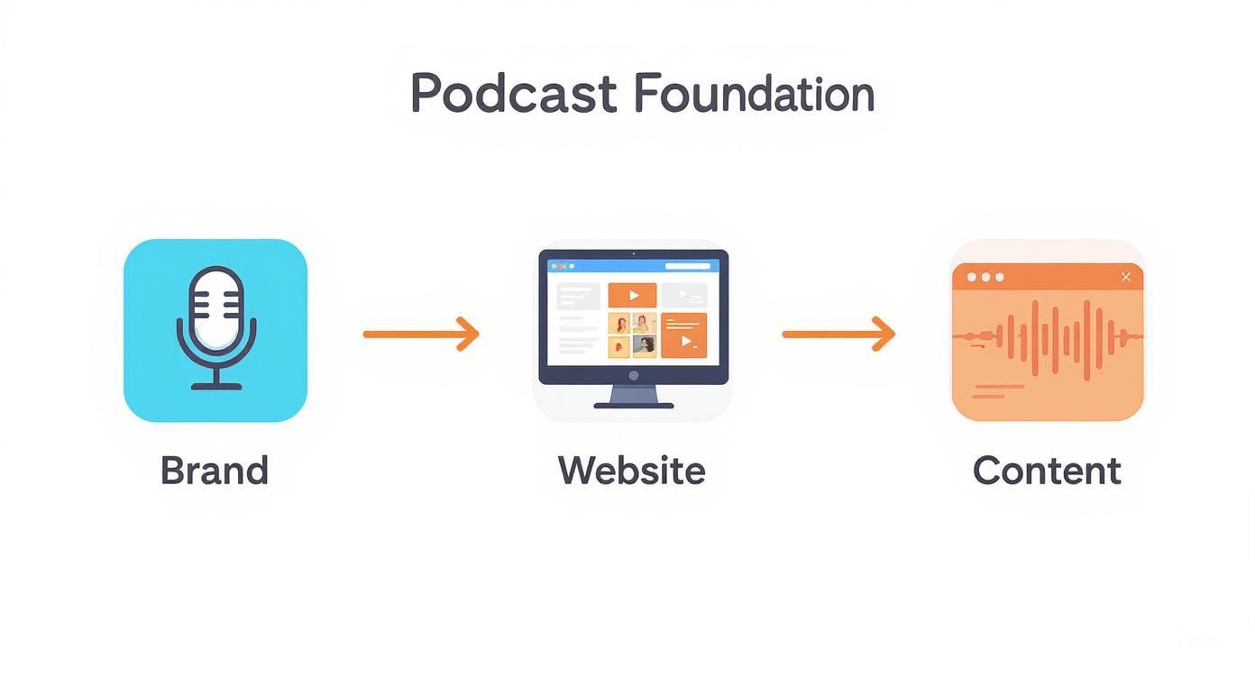 Diagram illustrating podcast foundation: brand identity, website presence, and content creation flow.