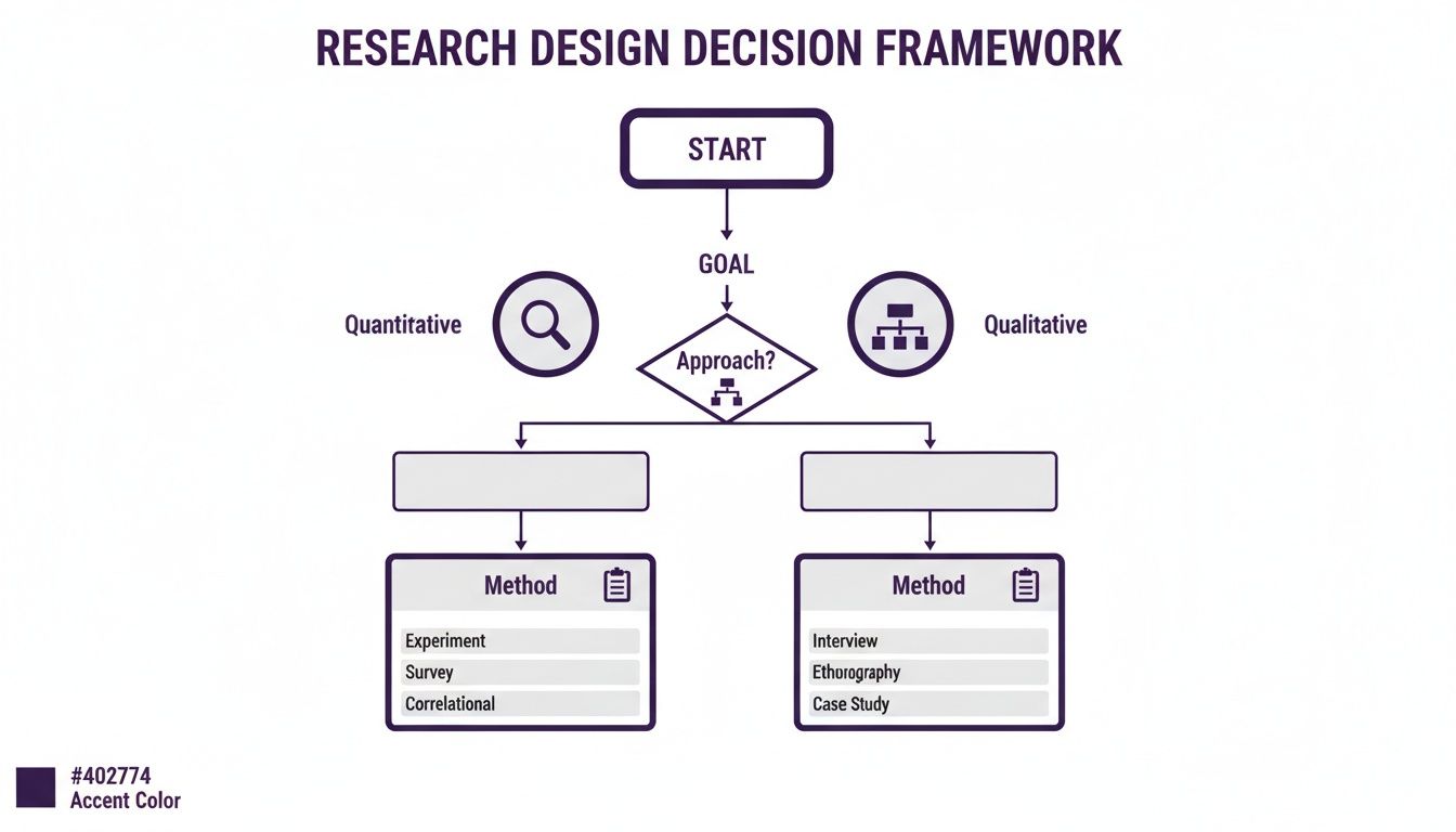 Flowchart illustrating a research design decision framework, distinguishing between quantitative and qualitative approaches and methods.