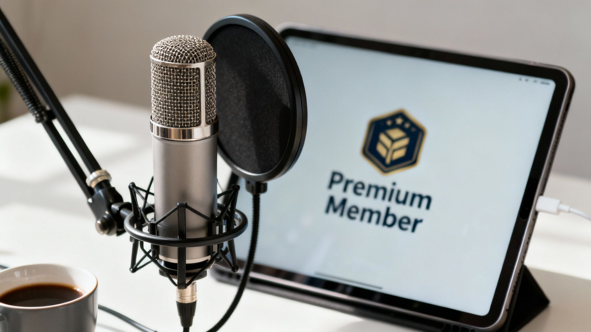 A podcast recording setup featuring a microphone, pop filter, tablet displaying 'Premium Member', and a coffee cup.