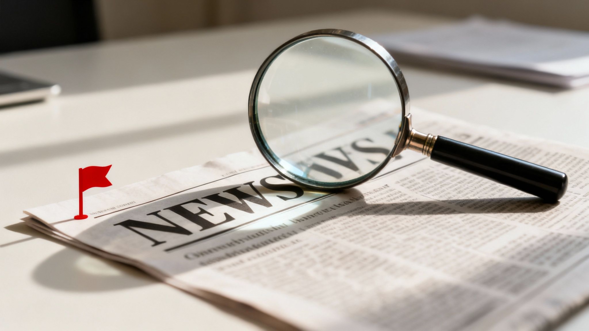 A magnifying glass over a newspaper, highlighting "NEWS," with a red flag marking a spot.