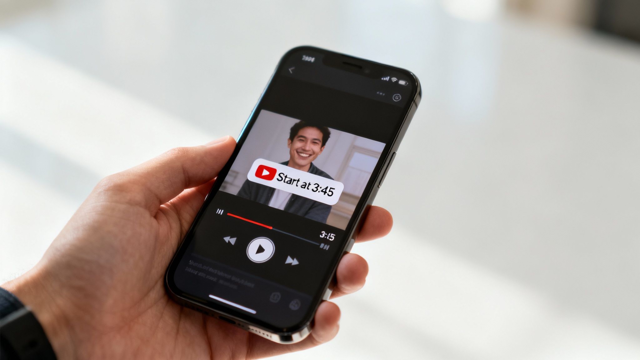 A hand holds an iPhone displaying a YouTube video with a 'Start at 3:45' button.