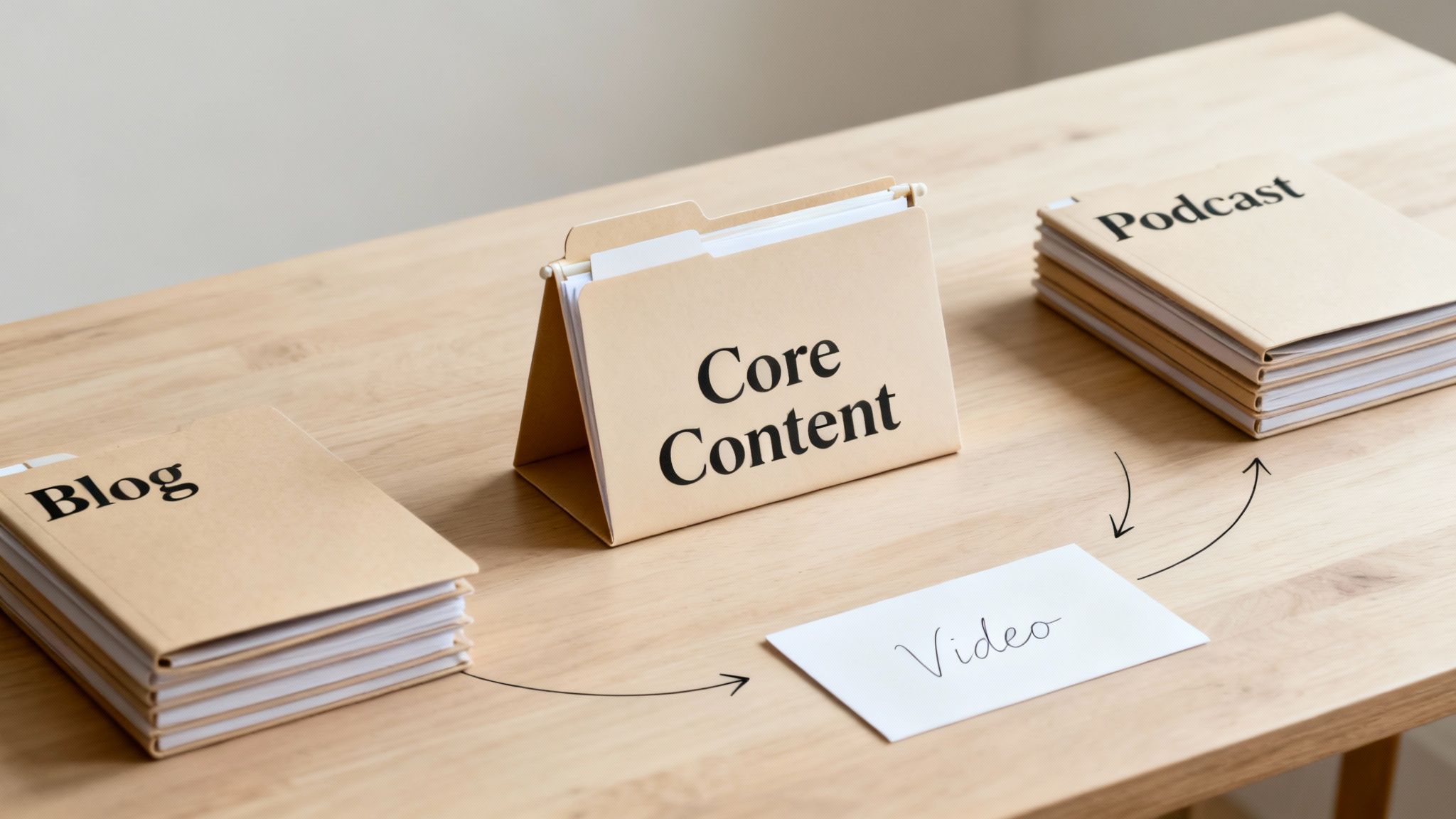 Desk showing folders labeled 'Core Content', 'Blog', 'Podcast', and a 'Video' card illustrating content repurposing.