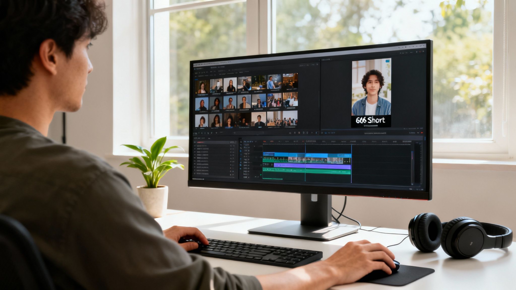 A young man is focused on editing a video short on a computer, with headphones nearby.