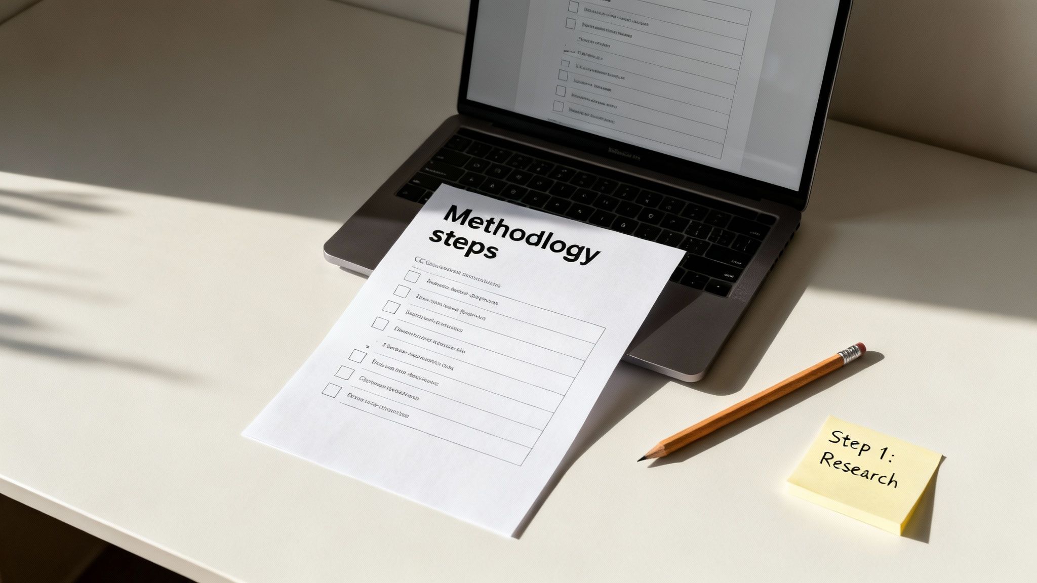 A laptop, a 'Methodology steps' checklist document, a pencil, and a 'Step 1: Research' sticky note on a desk.