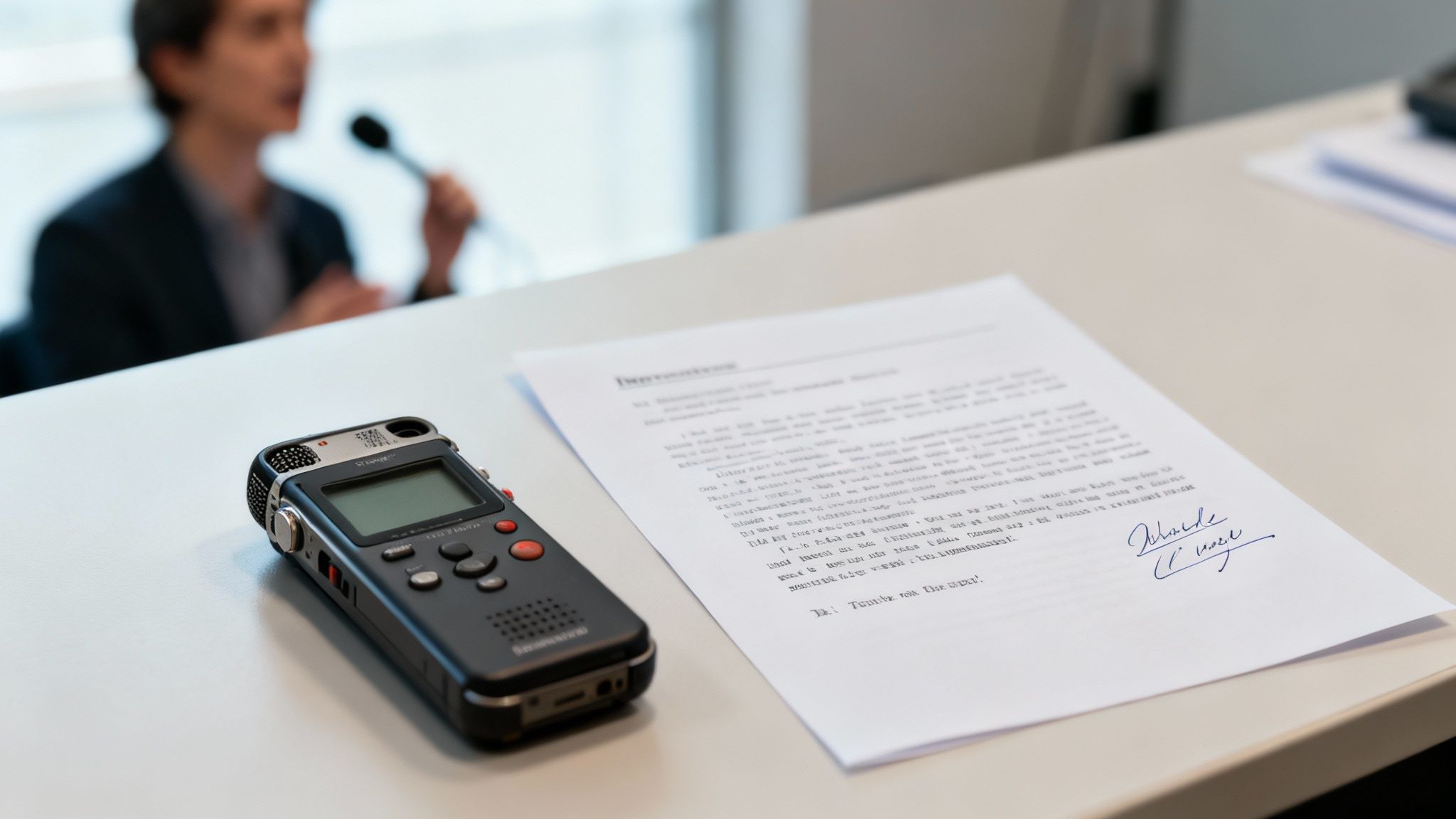 Digital voice recorder and signed document on a table during an interview session.
