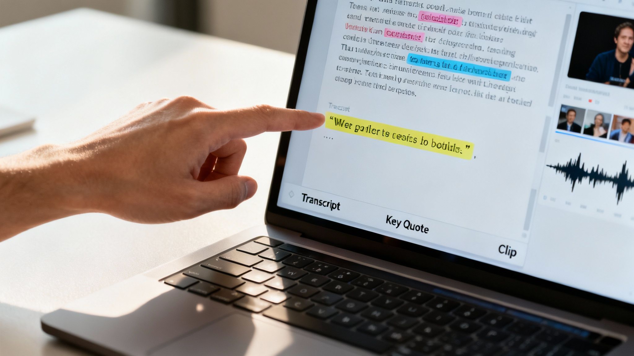 A person's hand pointing at a laptop screen displaying a highlighted transcript and video editing interface.