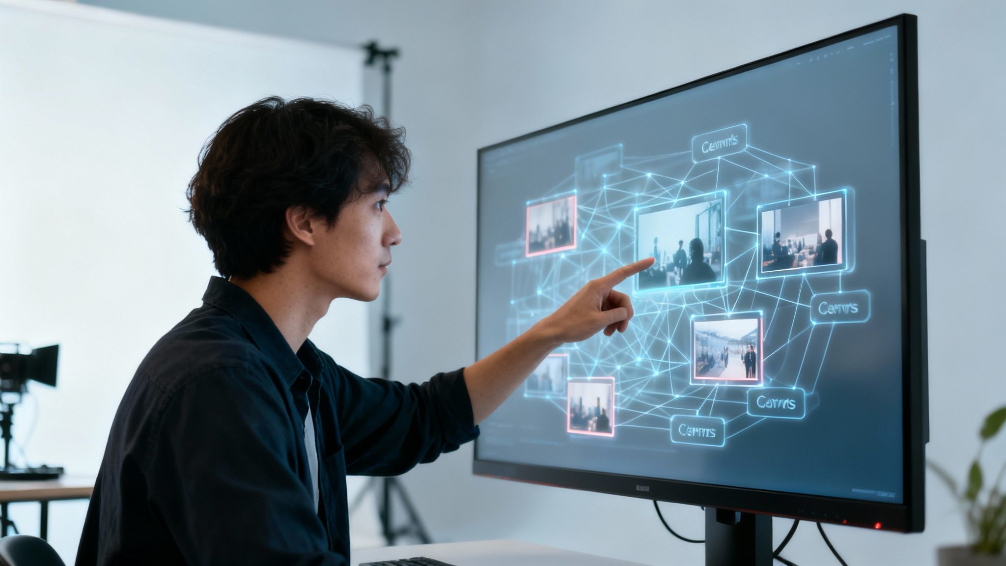 Young man pointing at a large monitor displaying a digital content management network with interconnected images.