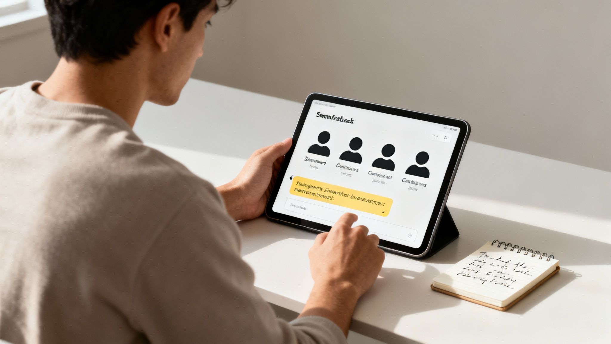 Person using tablet to review team performance metrics and analytics dashboard with profile icons
