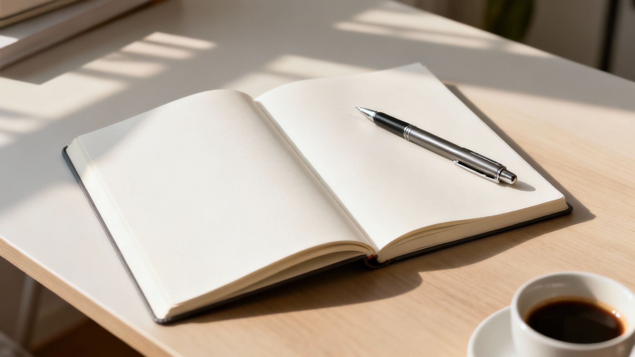 An open blank notebook with a pen, coffee, and sun shadows on a light wooden desk.
