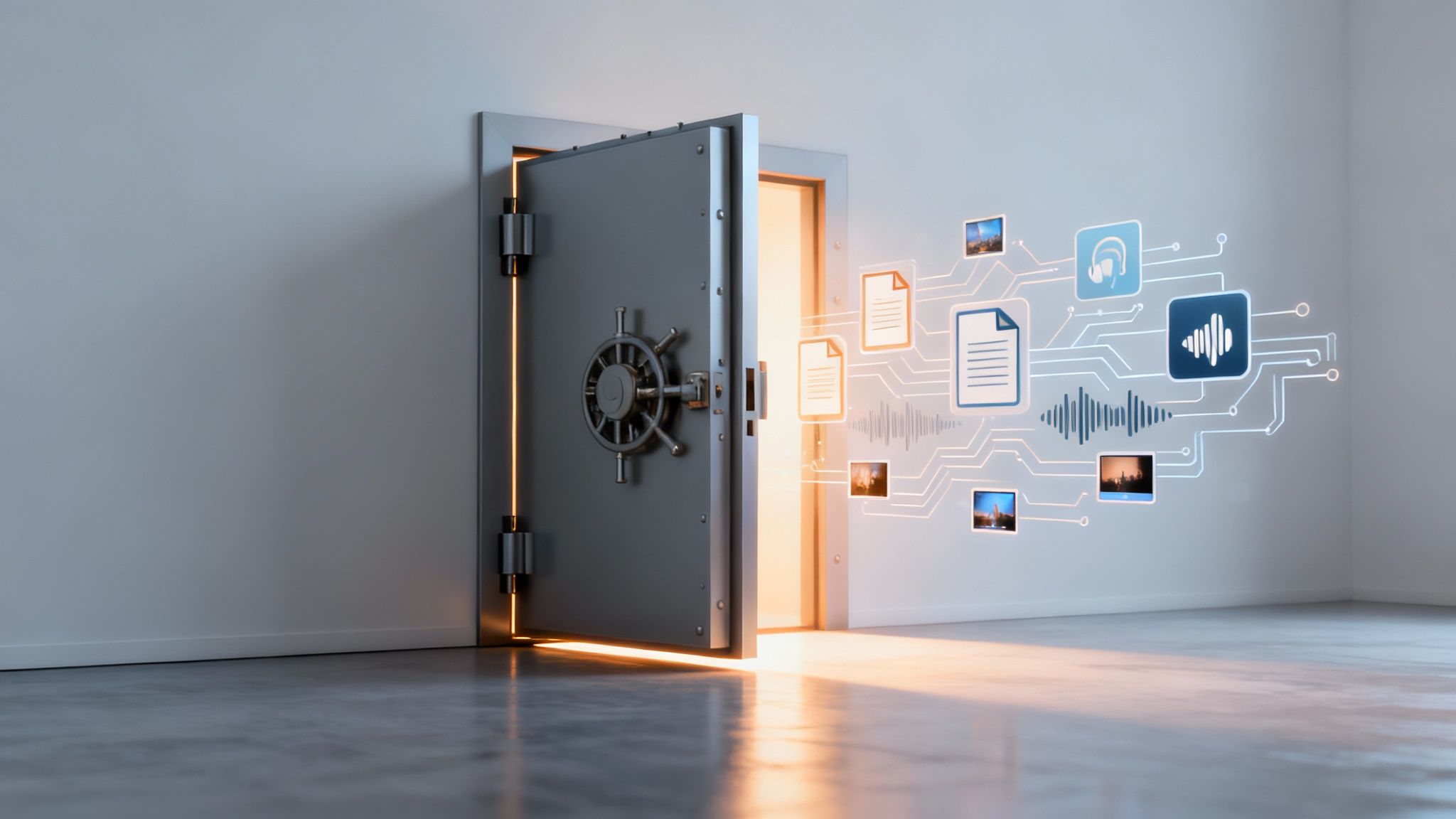An open vault door emits bright light, with digital documents, audio, and images flowing out.