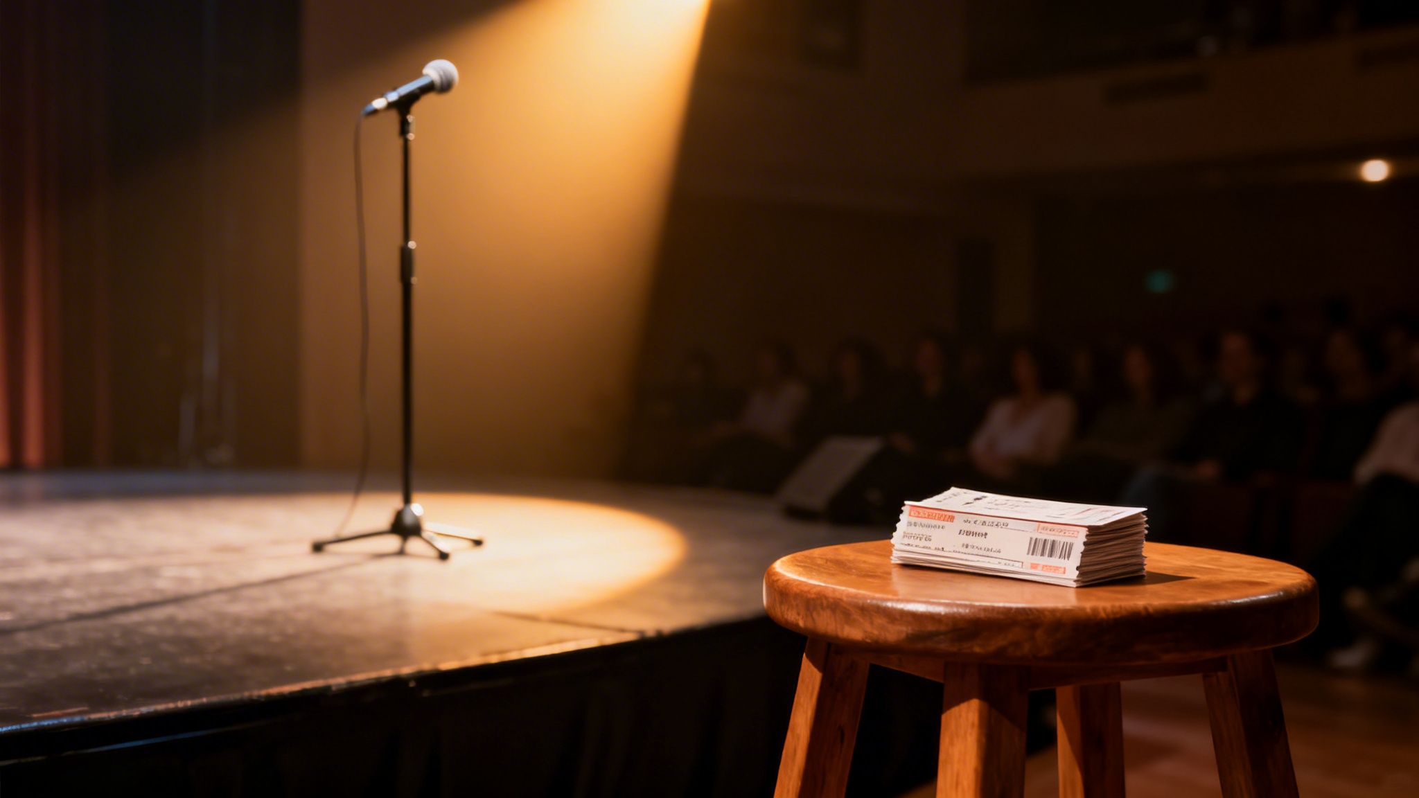 A spotlight illuminates an empty stage with a microphone, stool, and stack of tickets.