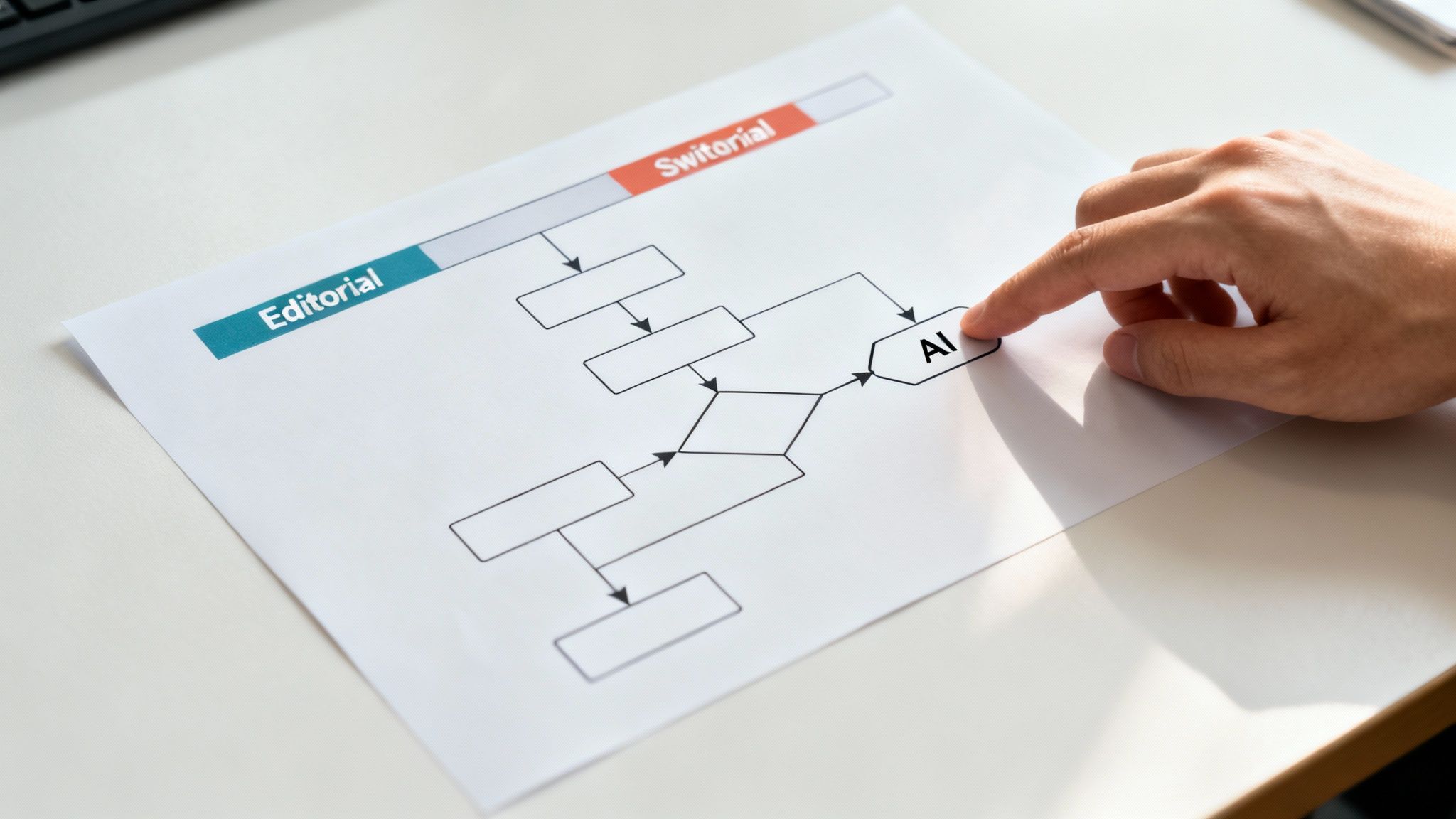 A hand points to an 'AI' box in a flowchart depicting a process with 'Editorial' and 'Switorial' steps.