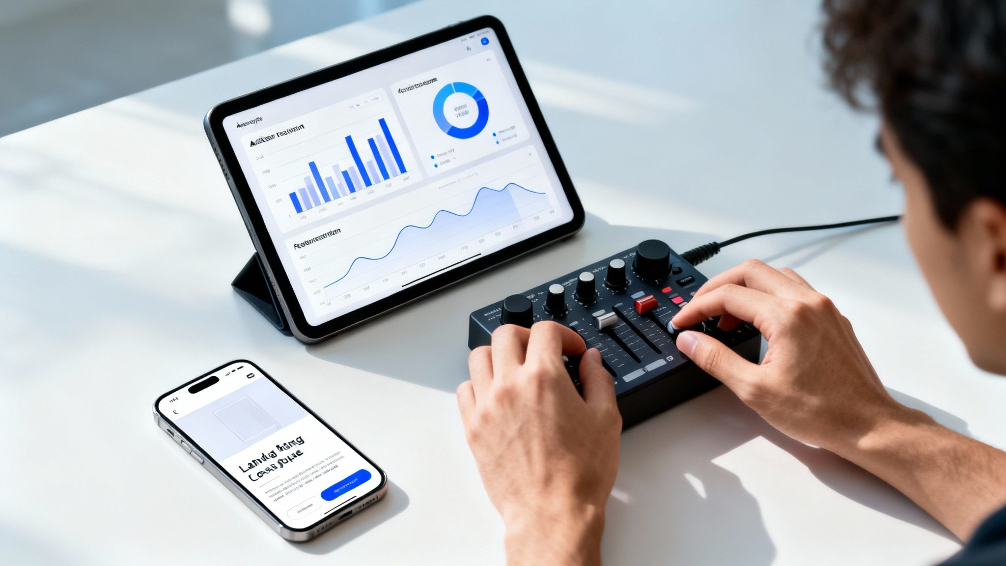 A person adjusts an audio mixer on a white desk, with a tablet showing analytics and a smartphone.