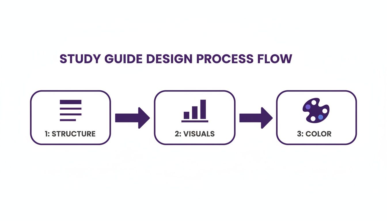 Diagram illustrates the study guide design process flow: Structure, Visuals, and Color stages.