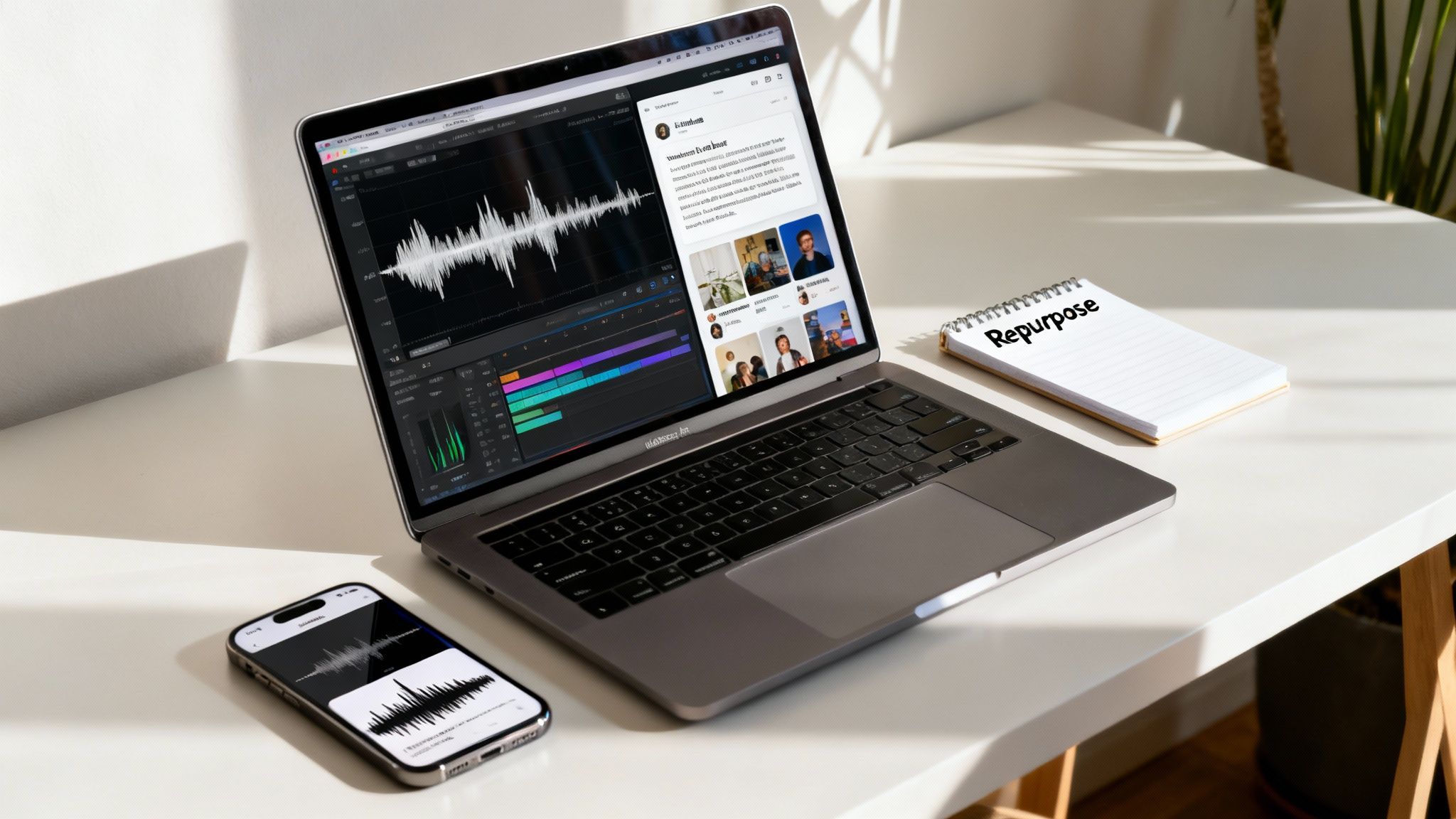 Modern workspace featuring a laptop with audio editing software, a smartphone, and a notebook titled 'Repurpose'.