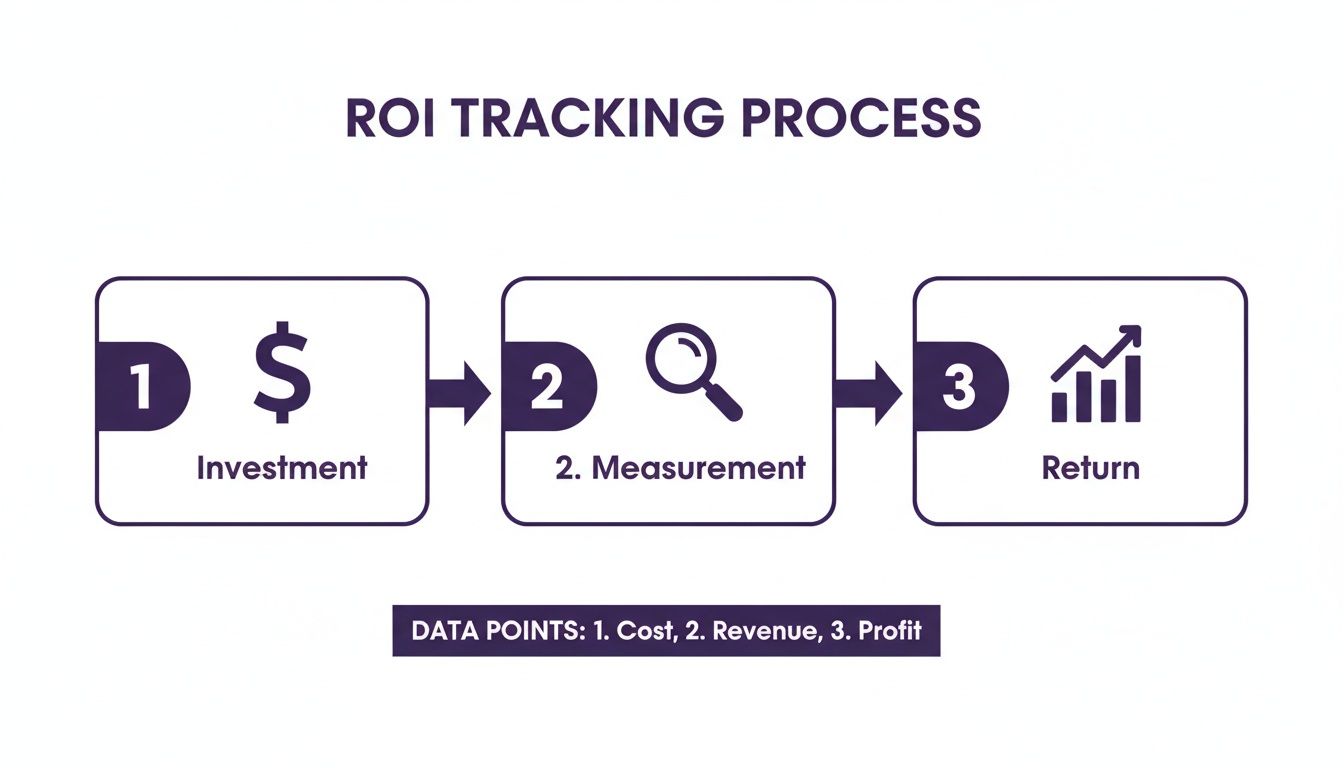 A diagram illustrating the ROI tracking process with three steps: Investment, Measurement, and Return, along with data points.