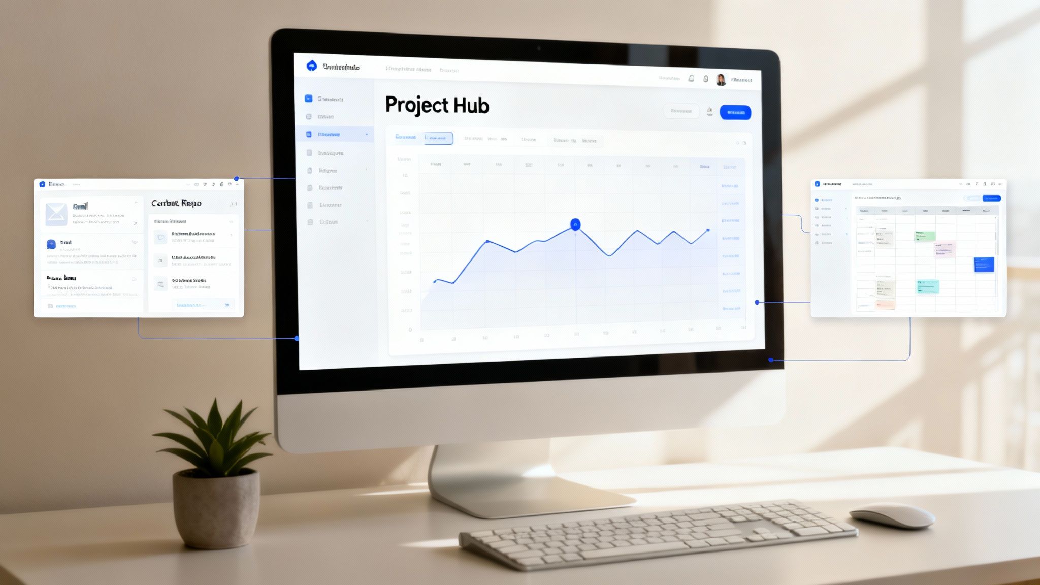 A desktop computer shows a 'Project Hub' dashboard with collaboration tools like email, content repo, and calendar.