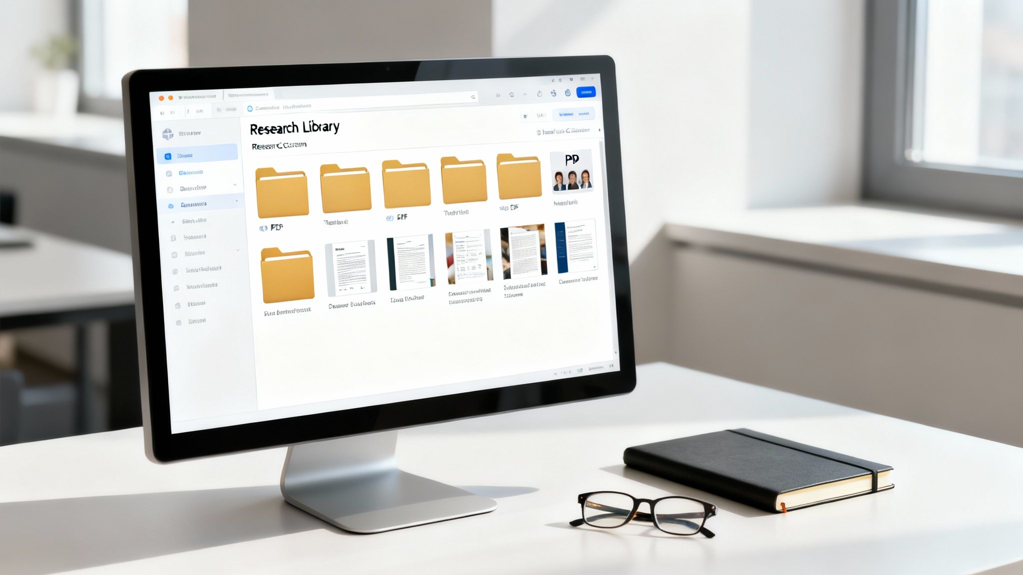 A computer monitor displays a research library interface with folders and documents, beside glasses and a notebook on a desk.