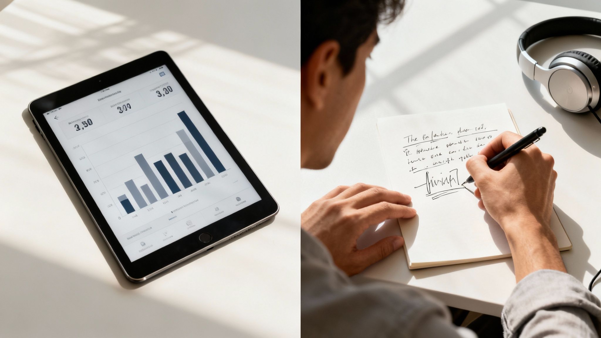 Close-up of a tablet displaying a bar chart next to a person writing notes.