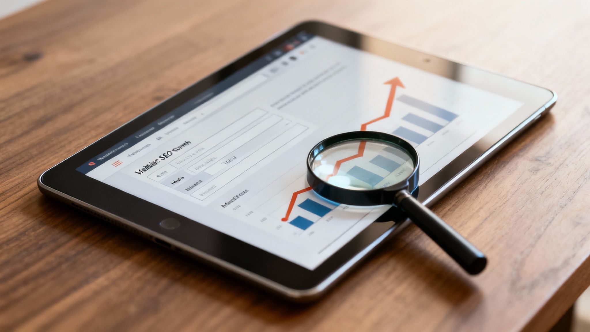 A magnifying glass hovering over a website's code, symbolizing SEO analysis.