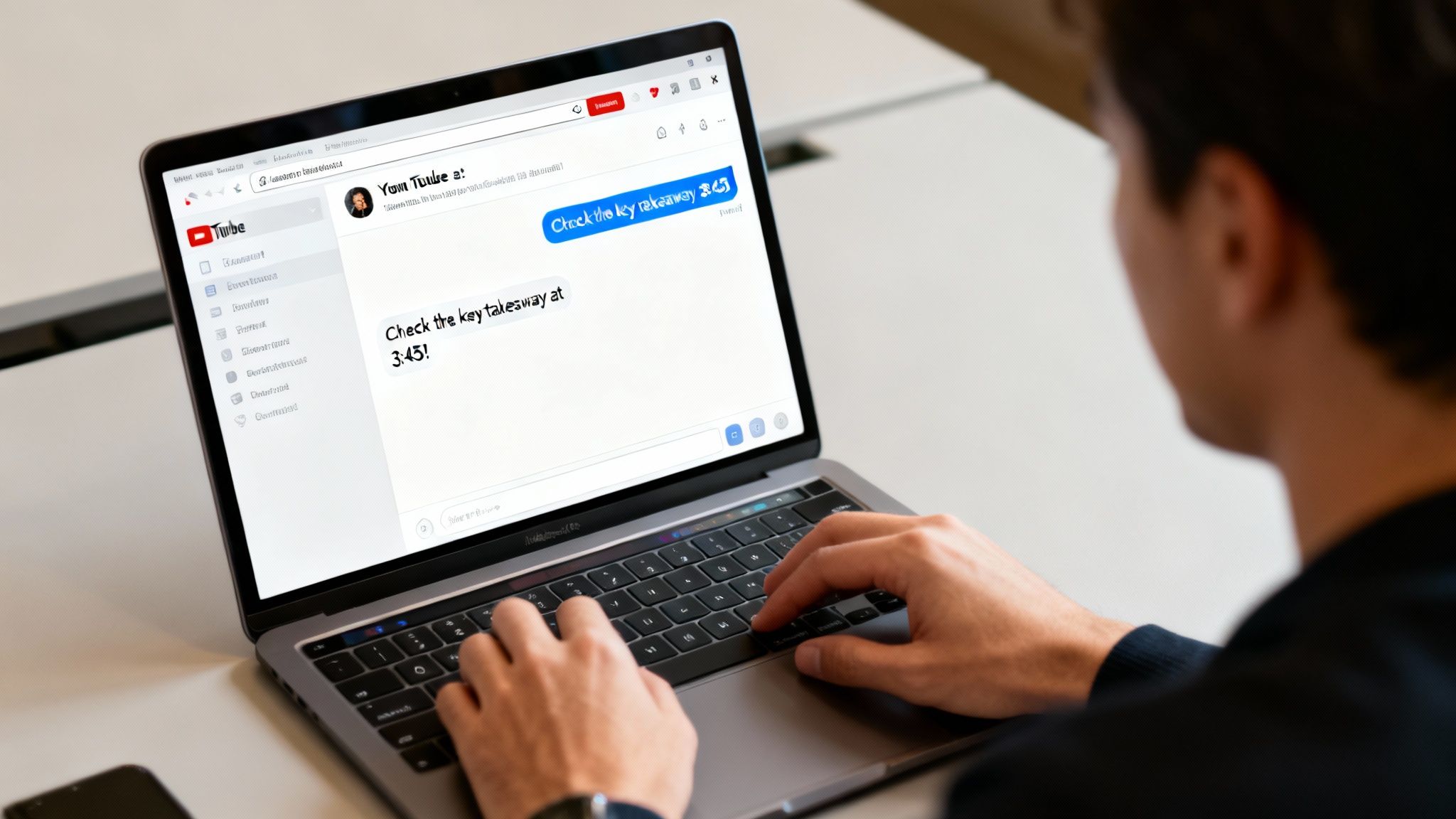 Hands typing on a laptop displaying a chat message to check a YouTube video at 3:45.