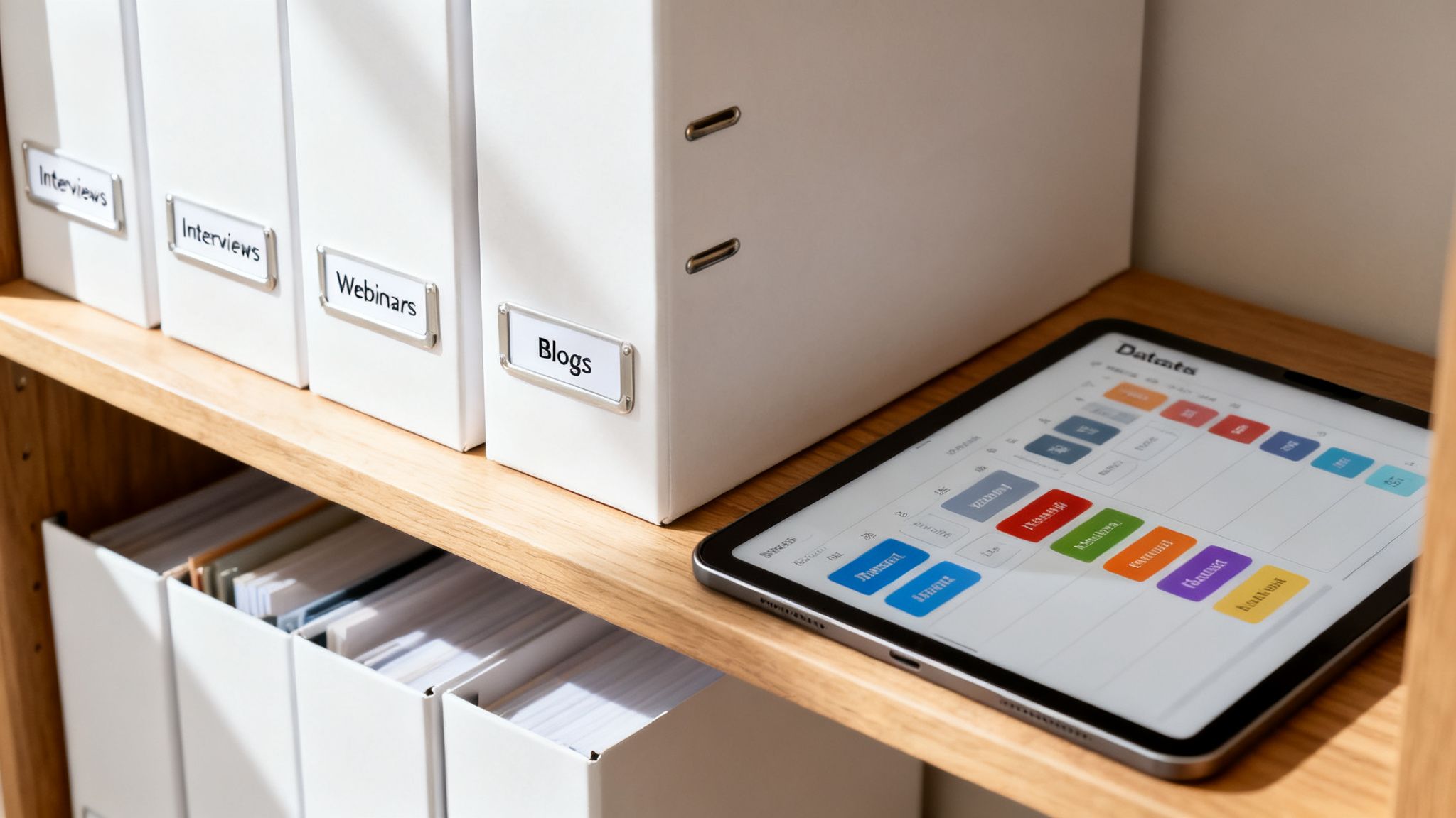 White binders labeled 'Interviews,' 'Webinars,' and 'Blogs' on a wooden shelf next to a tablet displaying a data app.