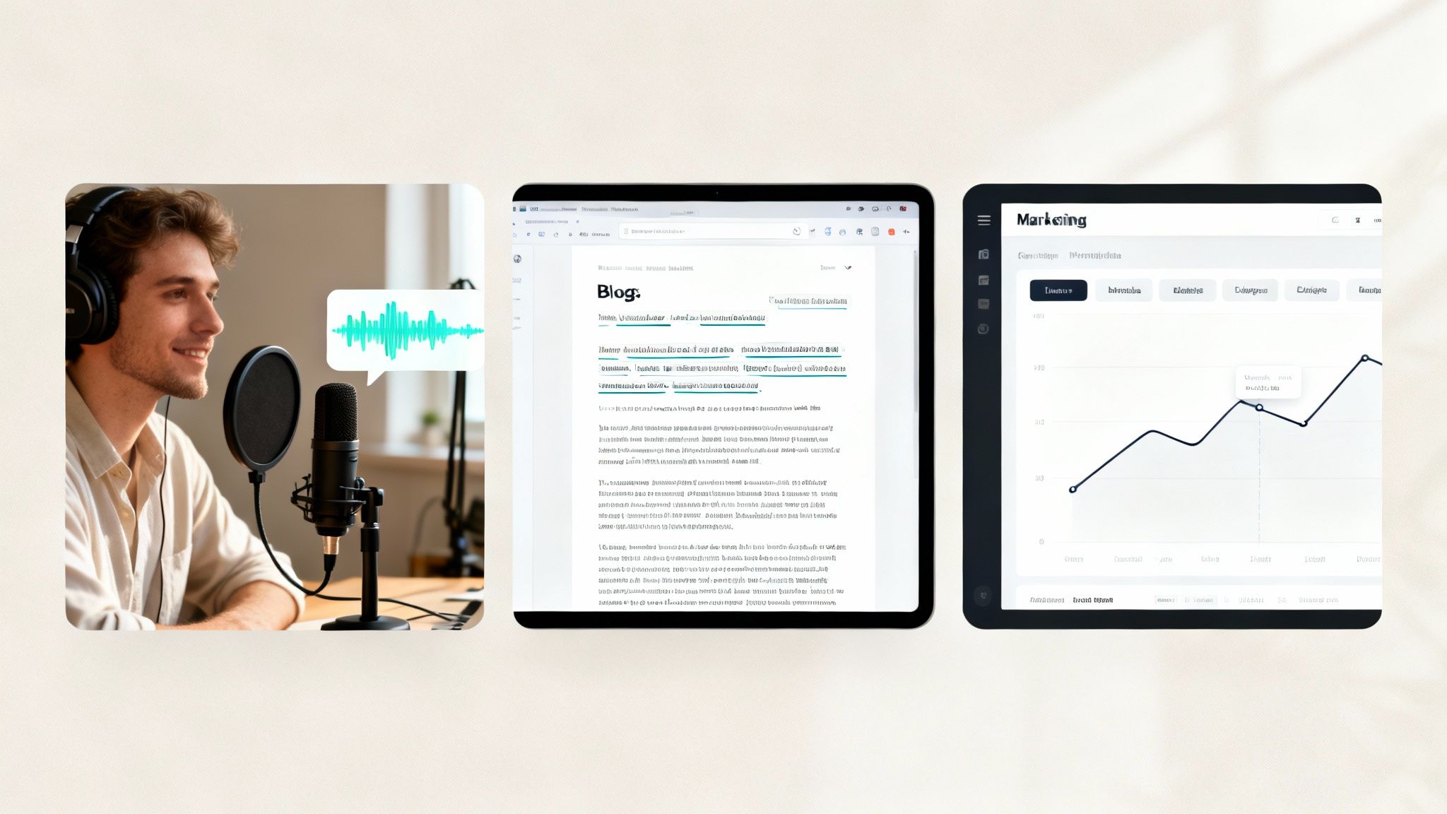 Digital content creation workflow: man podcasting, blog writing, and marketing analytics on tablets.