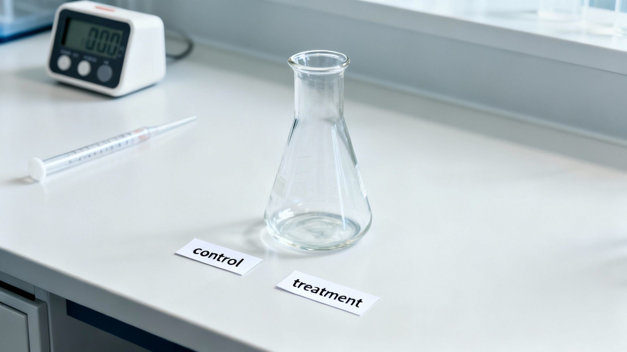 A lab workbench with an Erlenmeyer flask, syringe, timer, and 'control' and 'treatment' labels for an experiment.