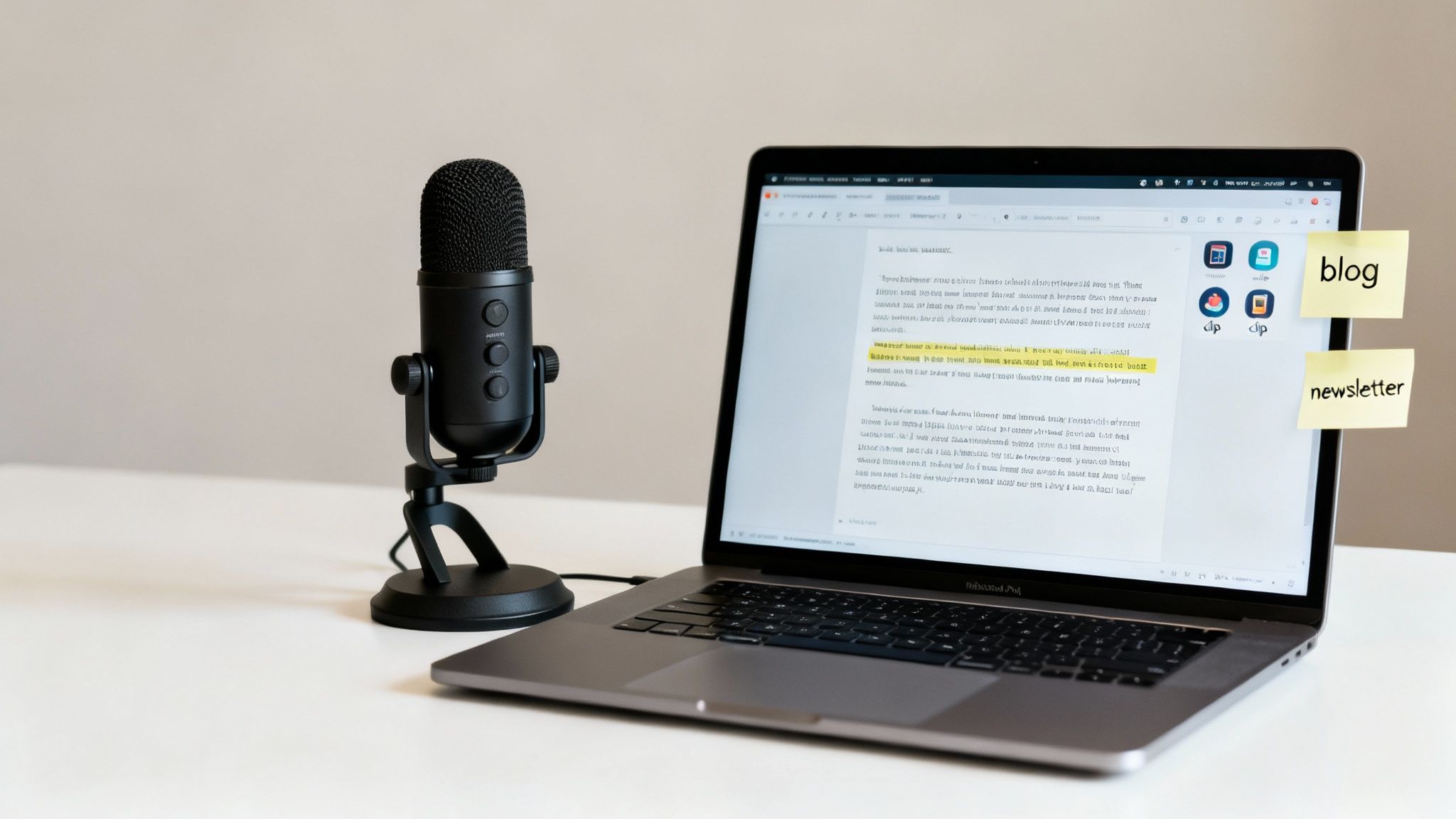 A black microphone stands next to an open laptop with highlighted text and sticky notes reading 'blog' and 'newsletter'.