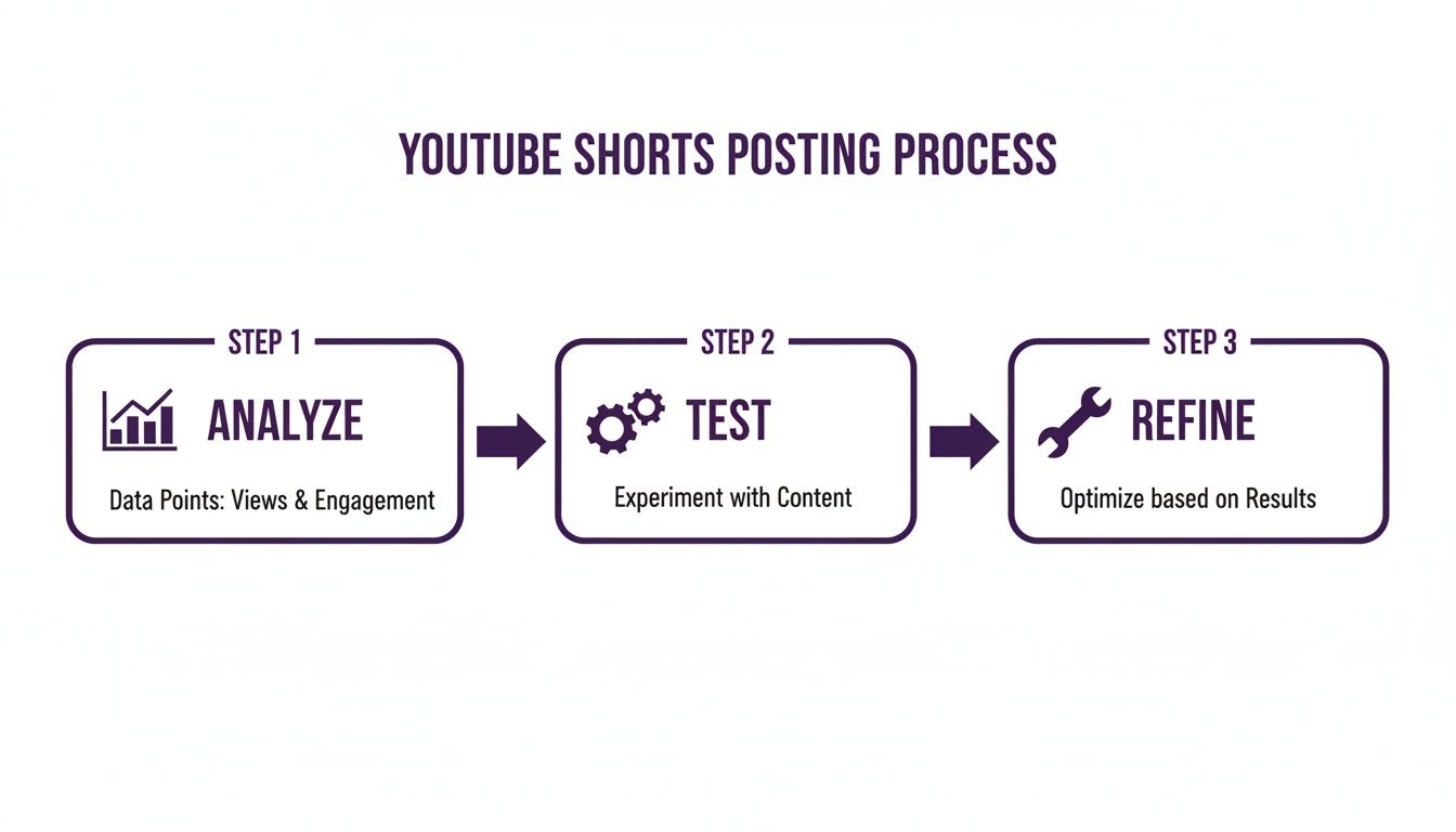 A three-step process diagram for YouTube Shorts: Analyze views, Test content, and Refine based on results.