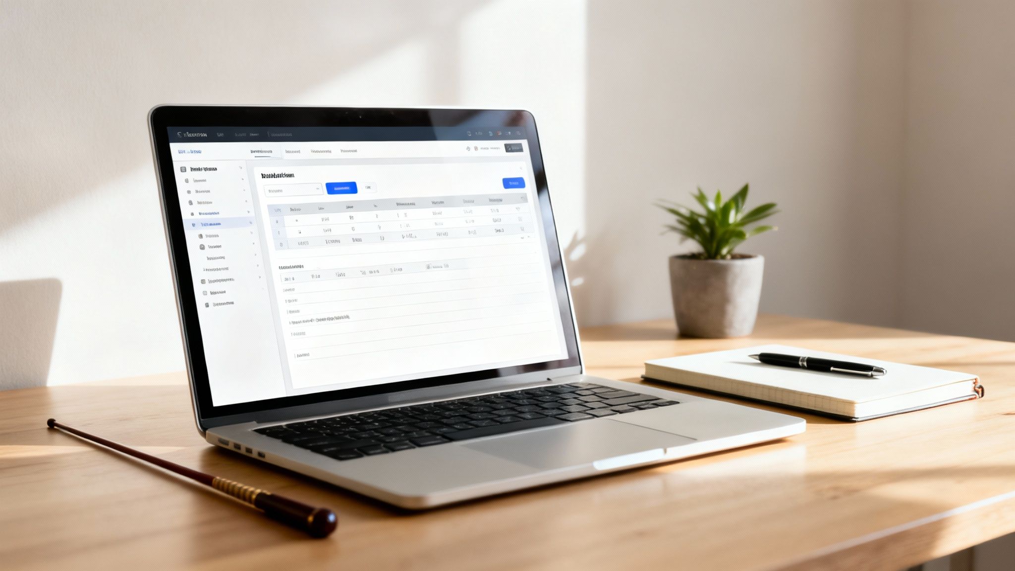 A silver laptop displaying an editorial workflow management software, a plant, notebook, and pen on a wooden desk.