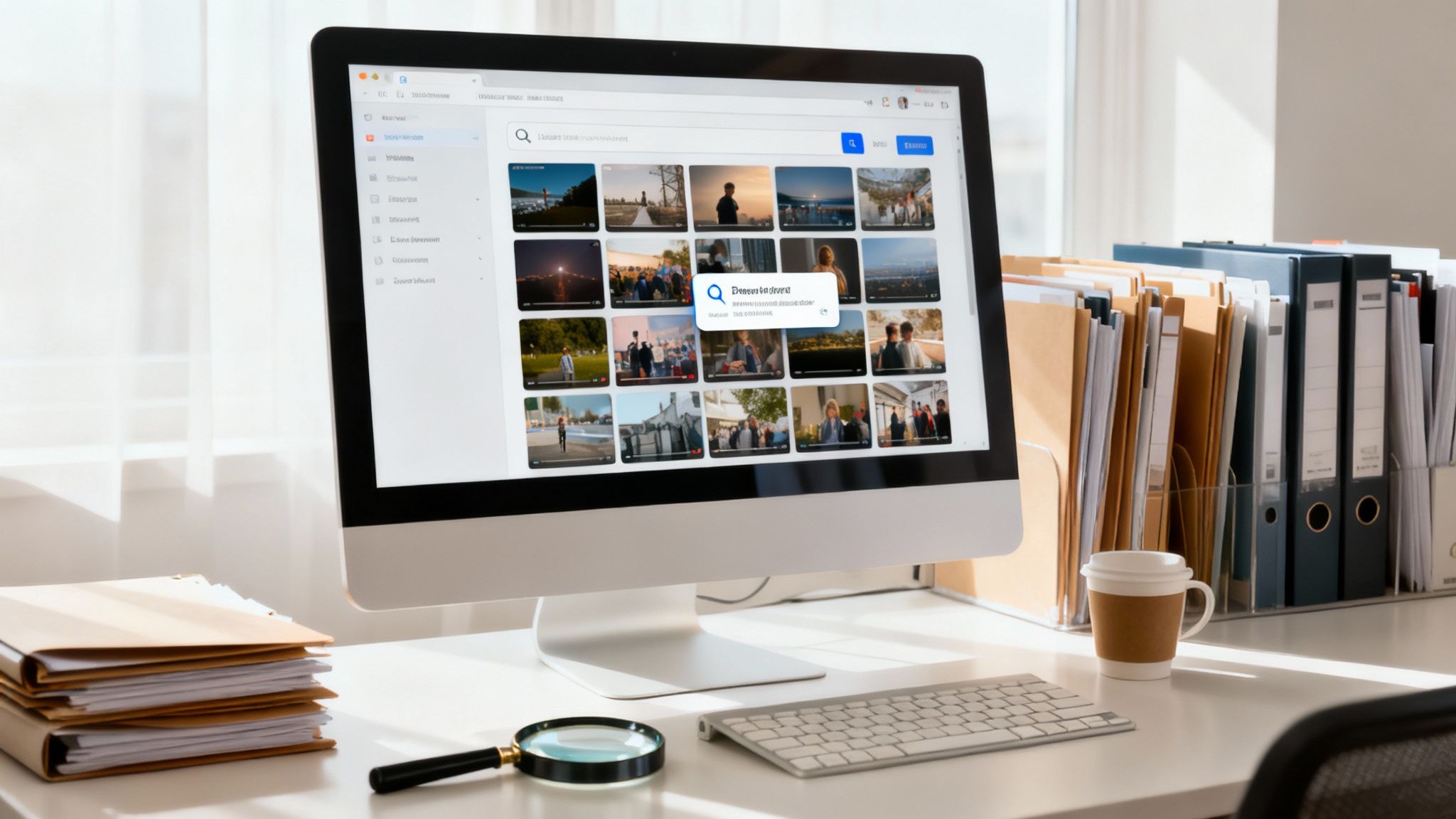 A desktop computer screen displays a media management interface with video thumbnails on an organized office desk with documents.