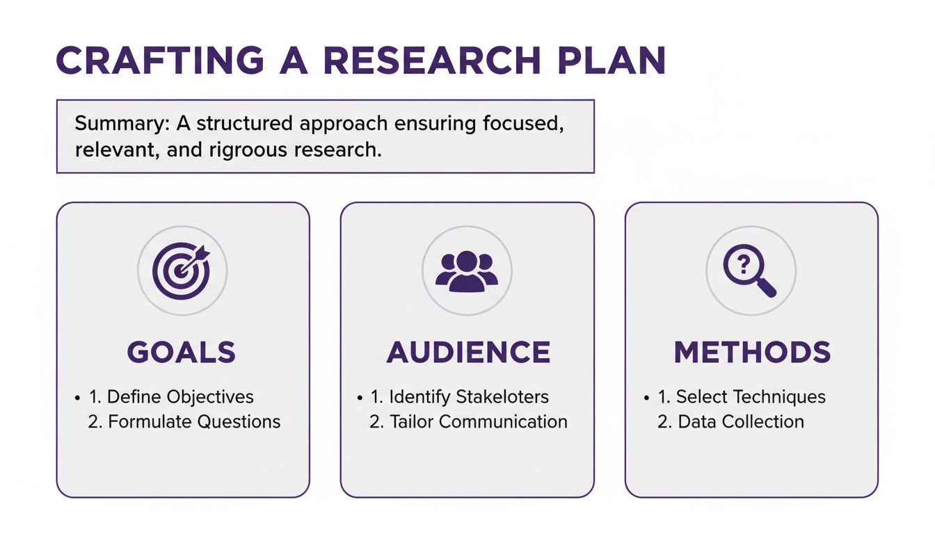 Infographic detailing how to craft a research plan, outlining goals, audience, and methods.