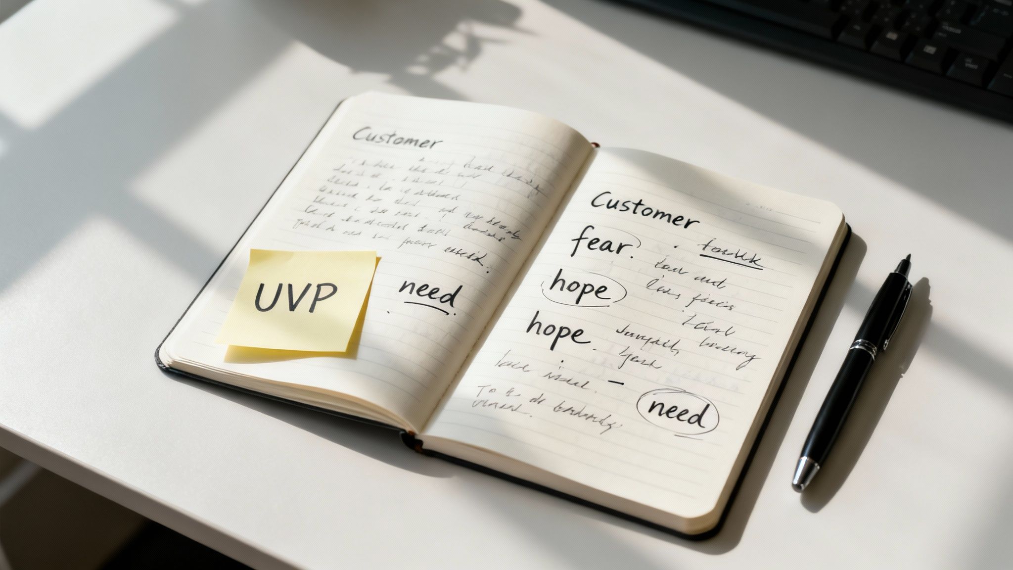 Open notebook on a white desk with 'UVP' sticky note, customer notes, 'need', 'hope', and a pen.