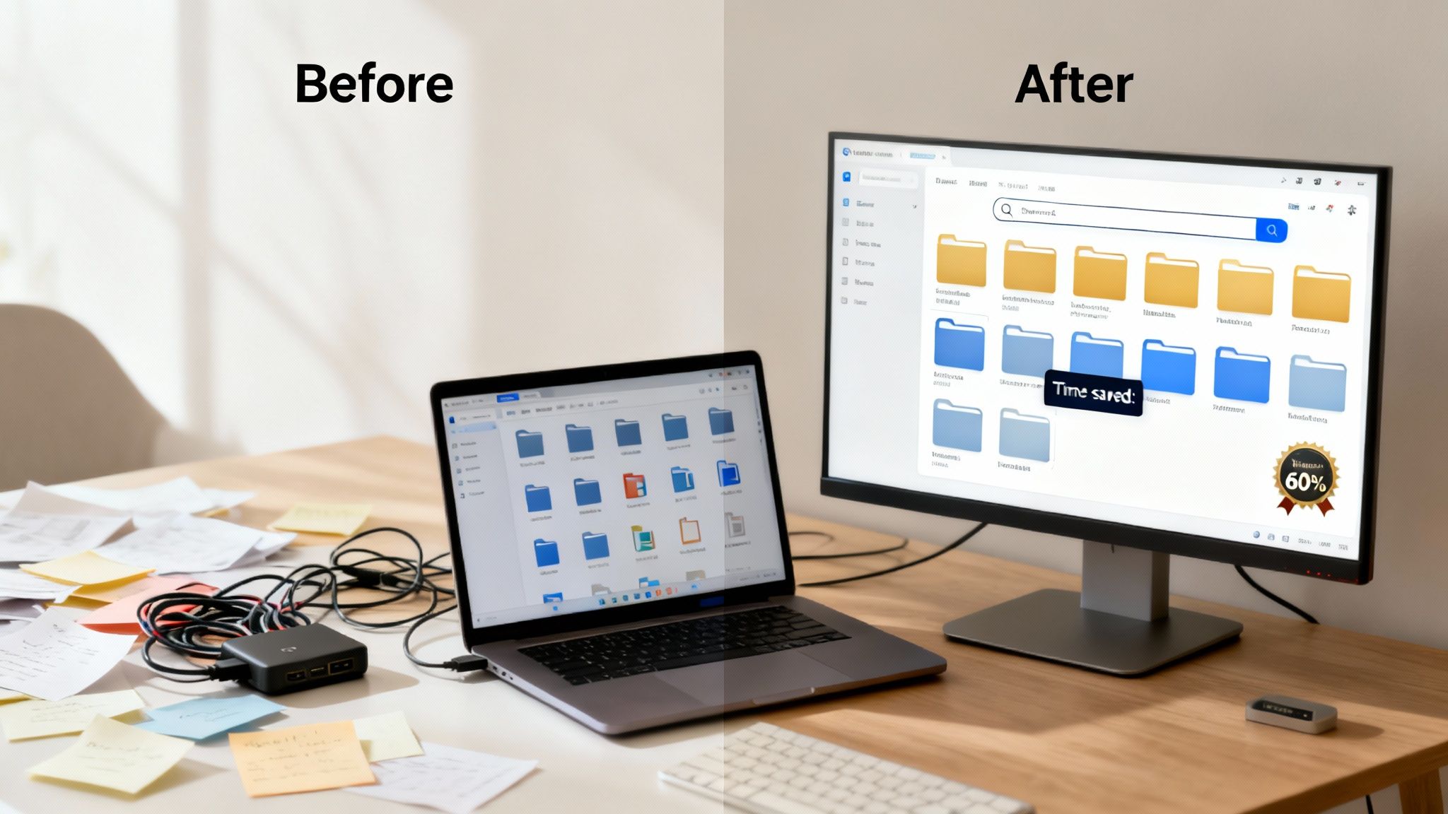 Before and after comparison of a messy desk with a laptop versus an organized desk with a large external monitor and laptop, indicating productivity.